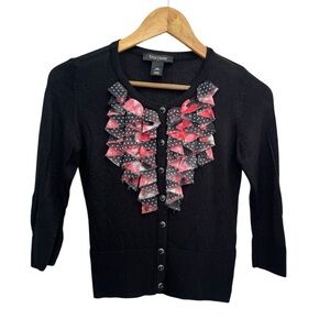 White House Black Market Black Cardigan Ruffle Polka Dot and Pink Accents XS